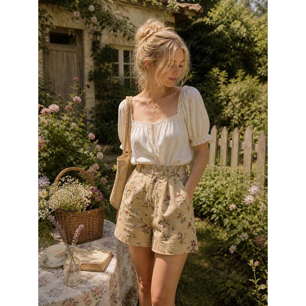 Talbots Women Beige Floral Linen Blend High Waisted Pleated Short 14 cottagecore